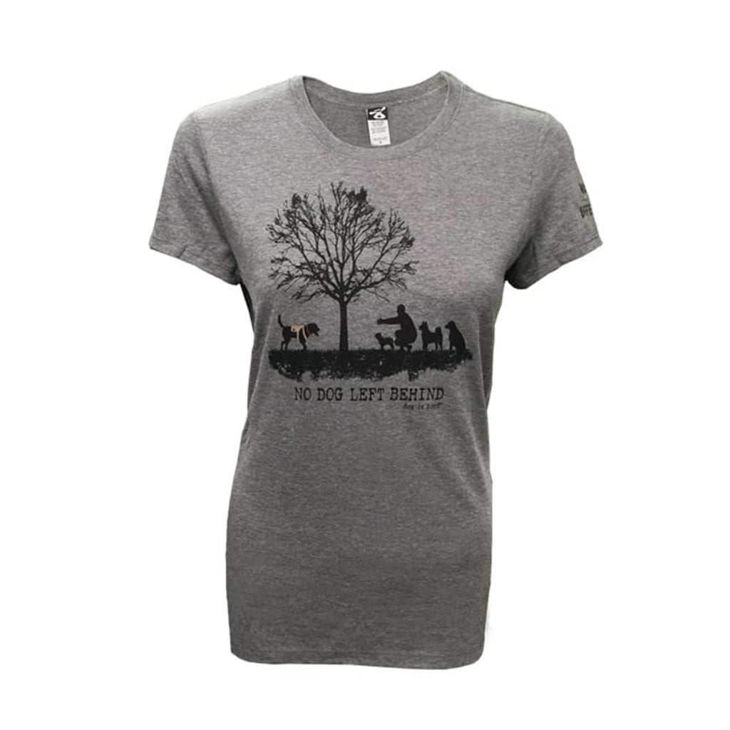 Gray t-shirt with a graphic design of people and a tree, and with Dogs labeled 'No Dog Left Behind'.