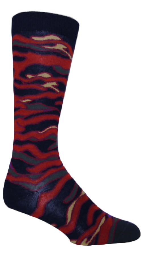 Ozone Wave Sock can be a Novelty  or a Dress Sock.  The Cuff, Heel and Toes are Black. The Wave print Colors are Red, Vermilion, Hunter Green, Goldenrod and are surrounded by Red to make more Waves.