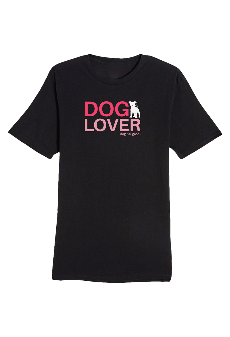 Black t-shirt with 'DOG LOVER' text and dog graphic on a white background