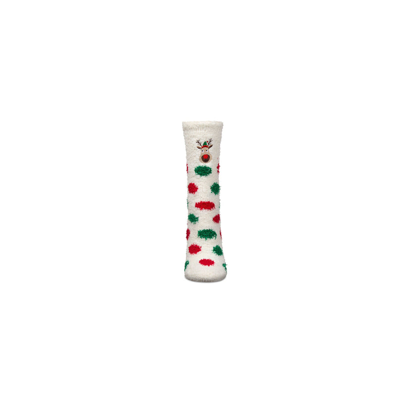 White sock with red and green dot pattern and a Reindeer on a white background.