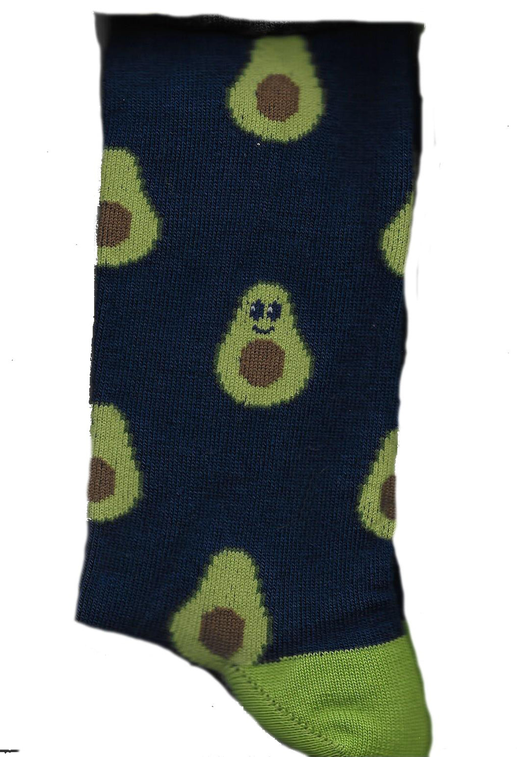 Royal Blue Background Sock with Avocado Cuffs, Heels and Toes. Avocados are same color with Dark Chocolat Pits. One Avocado has a Face with Eyes and Smile.