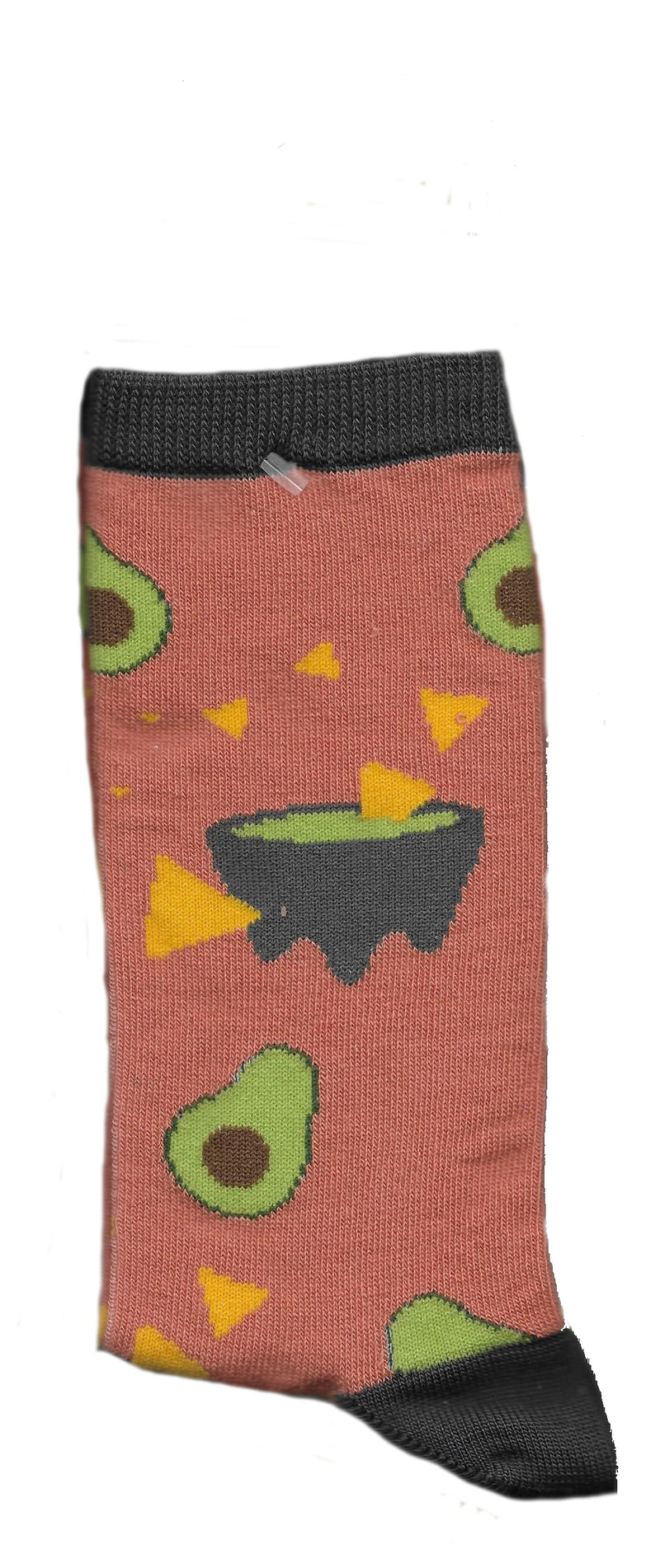 This Avocado Sock is Rust with Gunmetal Cuffs, Heels and Toes as well as the Salsa Bowl. Avocacos and Chips are all over.