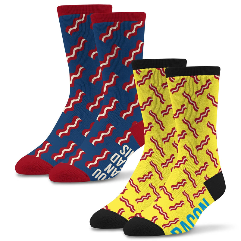 Socktastic 2PK Bacon Socks have one pair Blue with Red and White Bacon. With Words, If You Can Read This Bring Bacon. The next Sock is Yellow with Red and White Bacon. On Bottom reads, Bring Bacon.