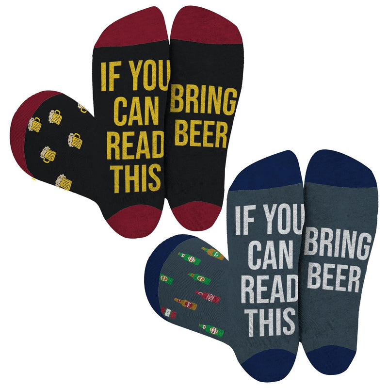 These 2 Socks are the Height of put your feet up after a long day at work or week. You hope someone may read, "If You Can Read This Bring Beer" and they will. Mugs or Bottles?