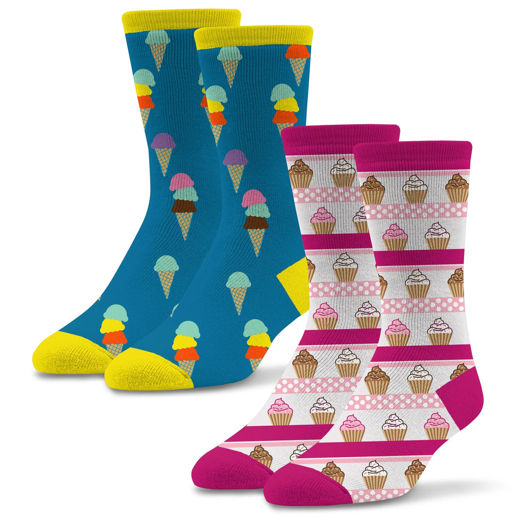 These 2 Socks come in a Pack Ice Cream Cones and Cupcake Party have Ice Cream Cones all over. The Cupcakes go down the sock in Rows.