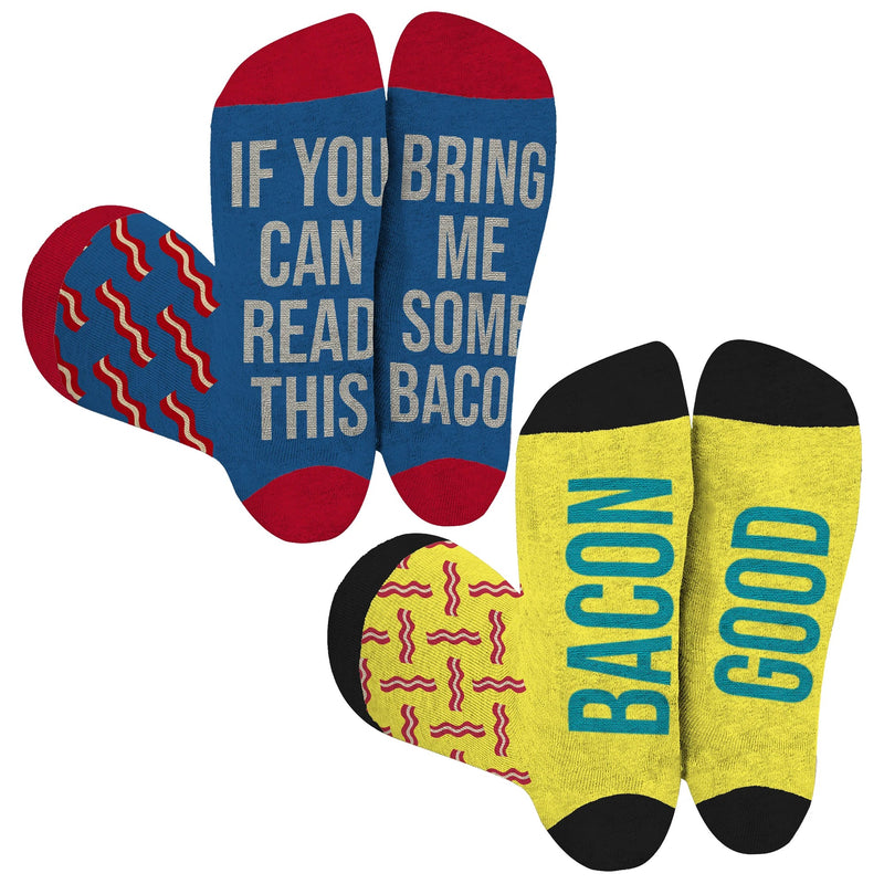 This Shows the Bottoms of both Socks with Bacon on the Sides of the Sock. In White Words, If You Can Read This Bring Me Some Bacon. The Yellow Sock Reads, Bacon Good.