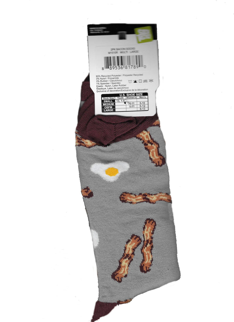 Socktastic Bacon and Eggs is on a Grey background with Dark Chocolate Cuffs, Heels and Toes. The Eggs are Sunny Side up with Yellow Yokes and Egg Whites surrounding. Bacon is all around.