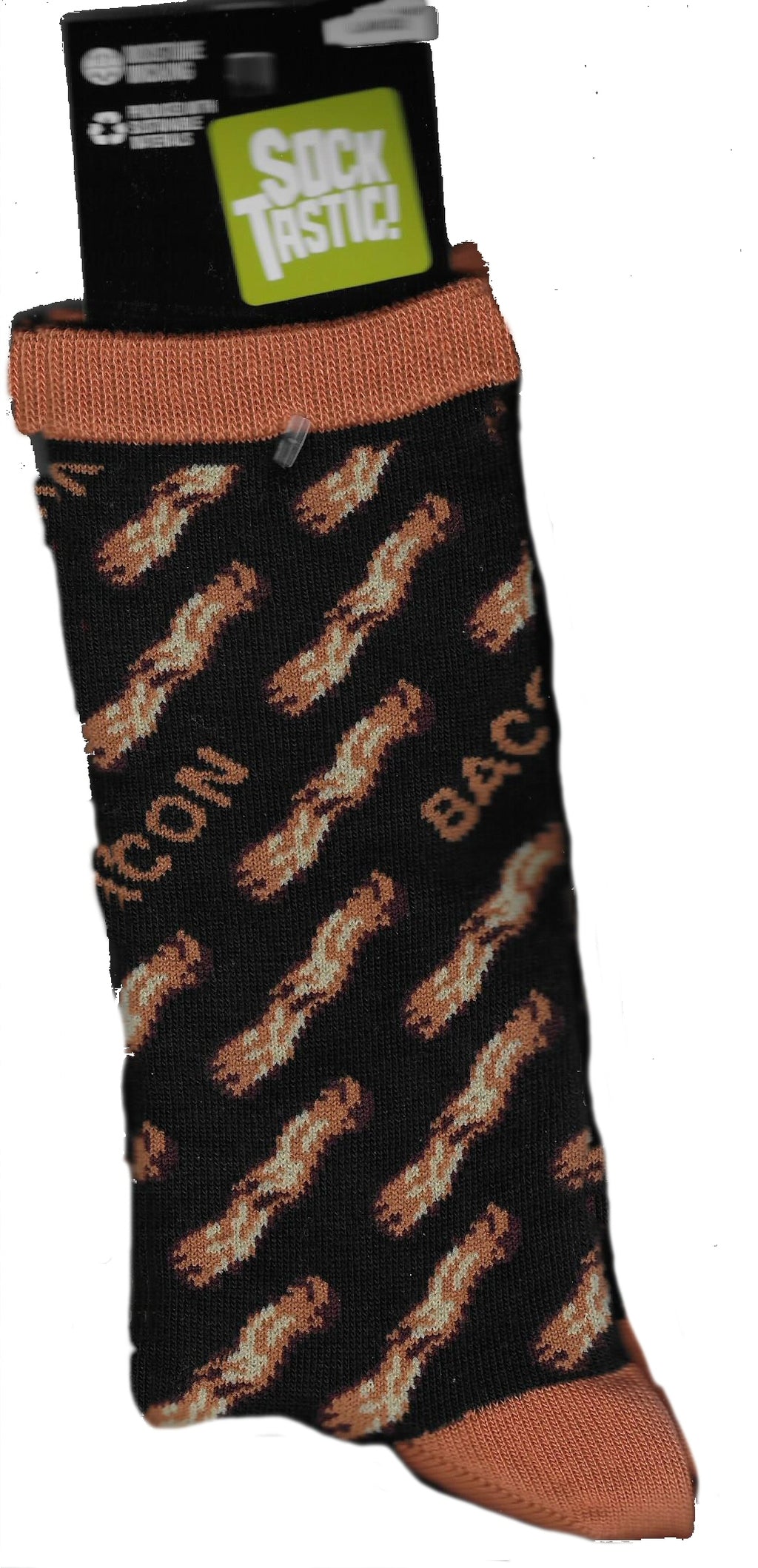 Socktastic Bacon Sock is Black background with Rust Cuffs, Heels and Toes.  It has Bacon in Rows and the Word Bacon  interspersed.
