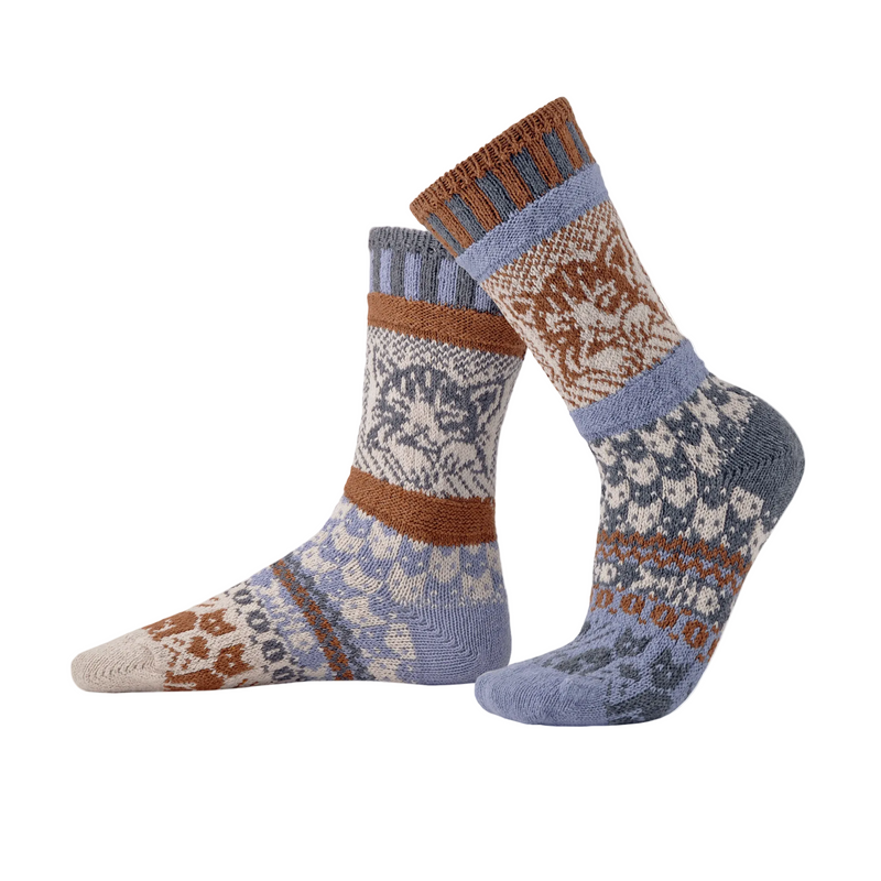 Pair of Cat Mismatched socks with brown and blue accents on a white background