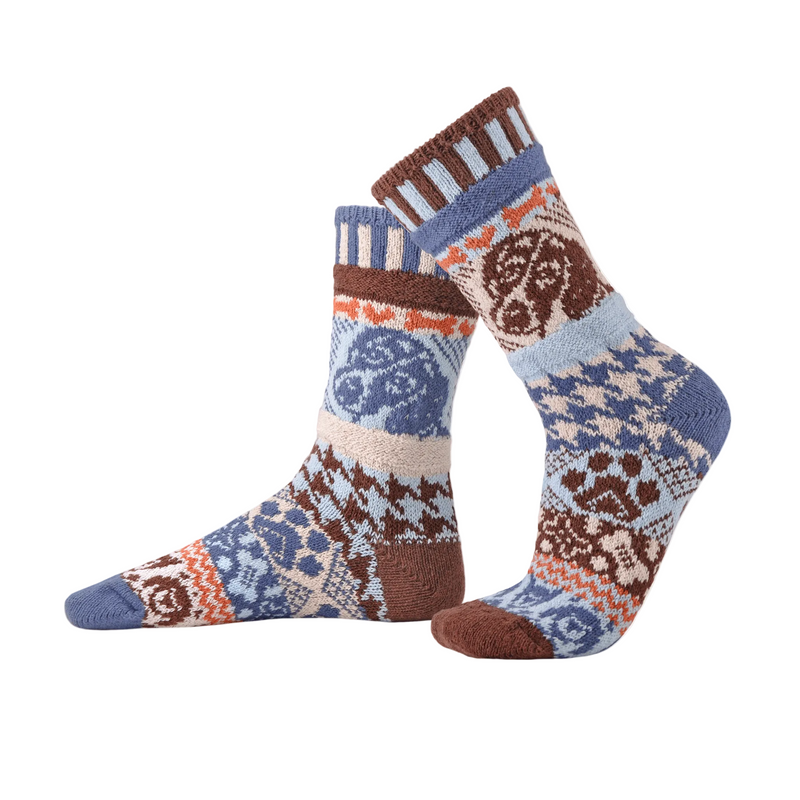 Pair of Mismatched Socks with brown, blue, and beige colors and a Dog Face on a white background