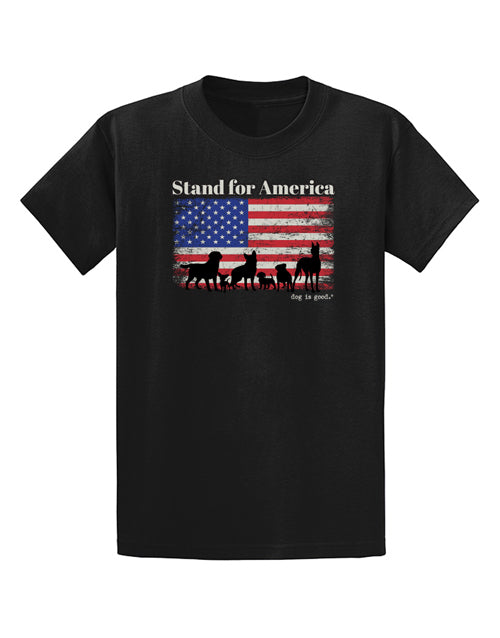 Dog Is Good T-Shirt Stand for America (Unisex) is on a Black background. The American Flag has Dog Silhouette's showing them Standing for America.