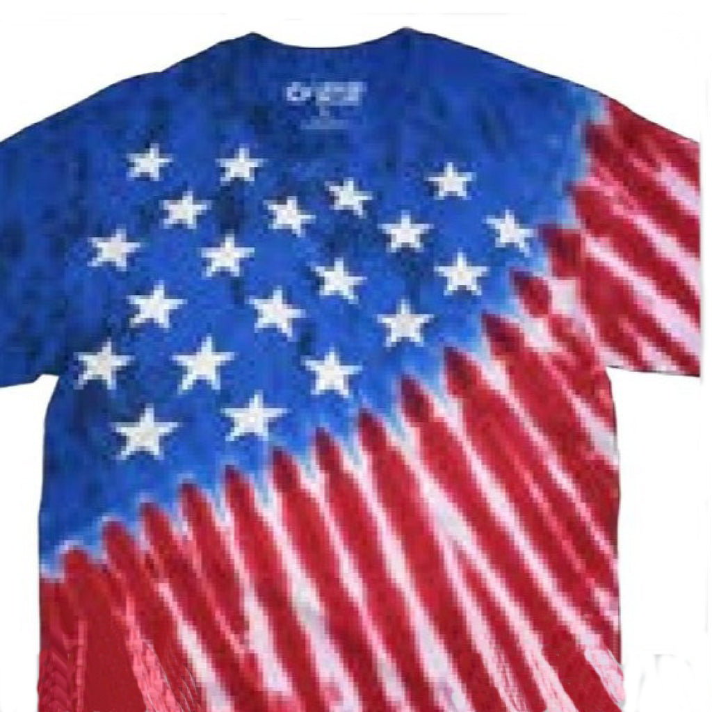 Tie-dye t-shirt with American flag design on a white background