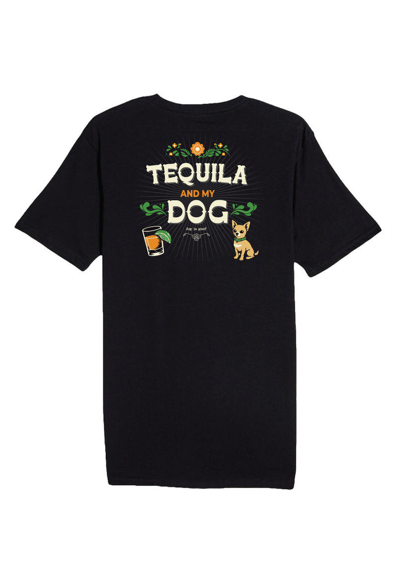Black t-shirt with 'Tequila and My Dog' text, also with drink and chihuahua graphic on a white background