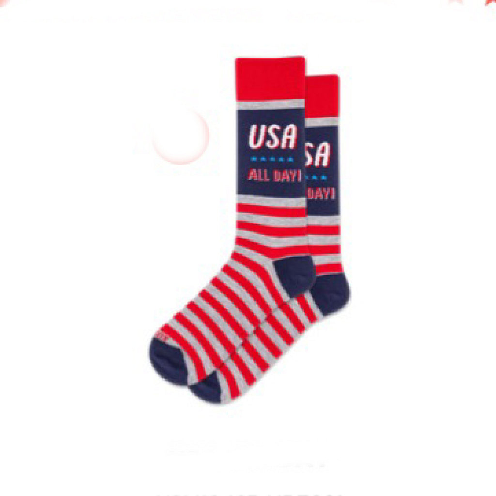Red, white, heather grey, and blue sock with 'USA All Day' text on a white background