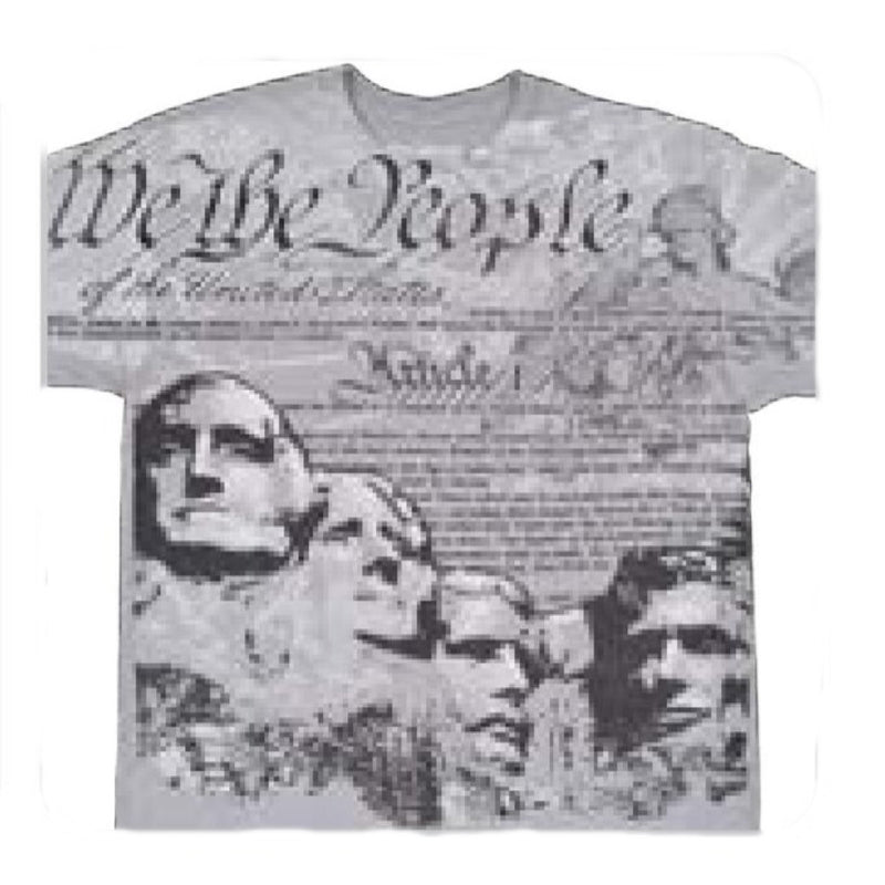T-shirt with 'We The People' text and Mount Rushmore design on a white background