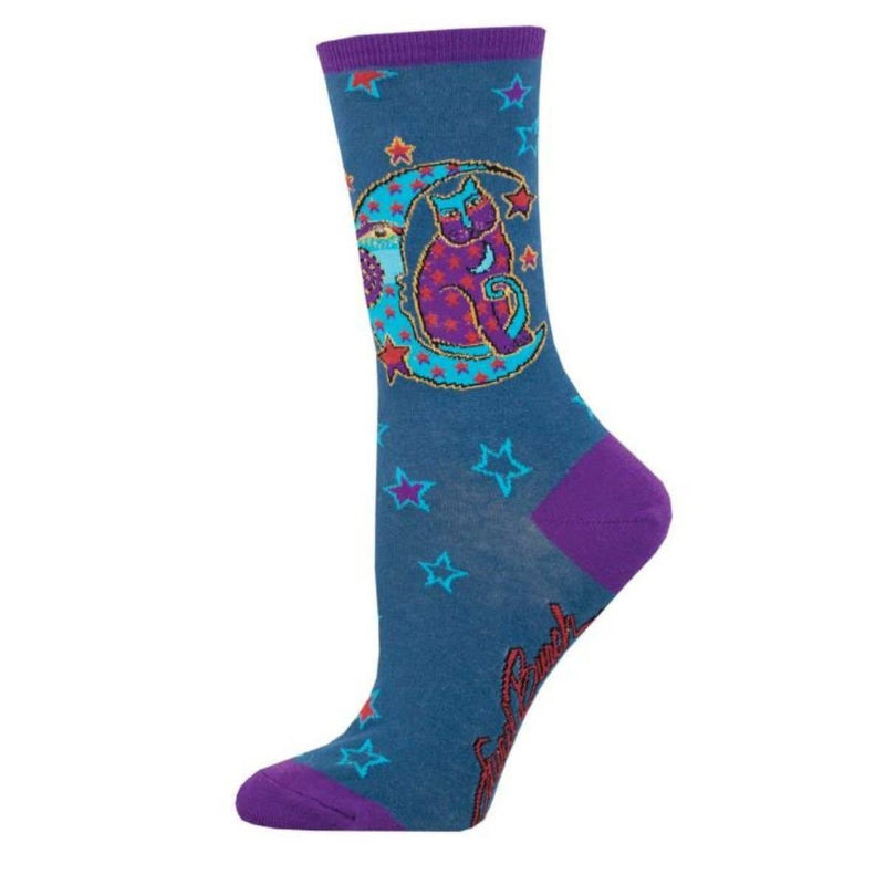 Laurel Burch Studios Moonside Cat on Teal with Purple on a White background.