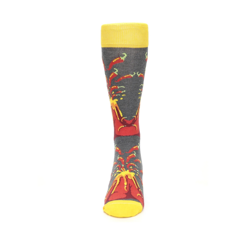 Frontal of boldSOCKS Volcano Spice Sock shows Peppers flying out of the Top Volcano. The bottom Volcano shows Lava down the mountain and Volcano Peppers above.