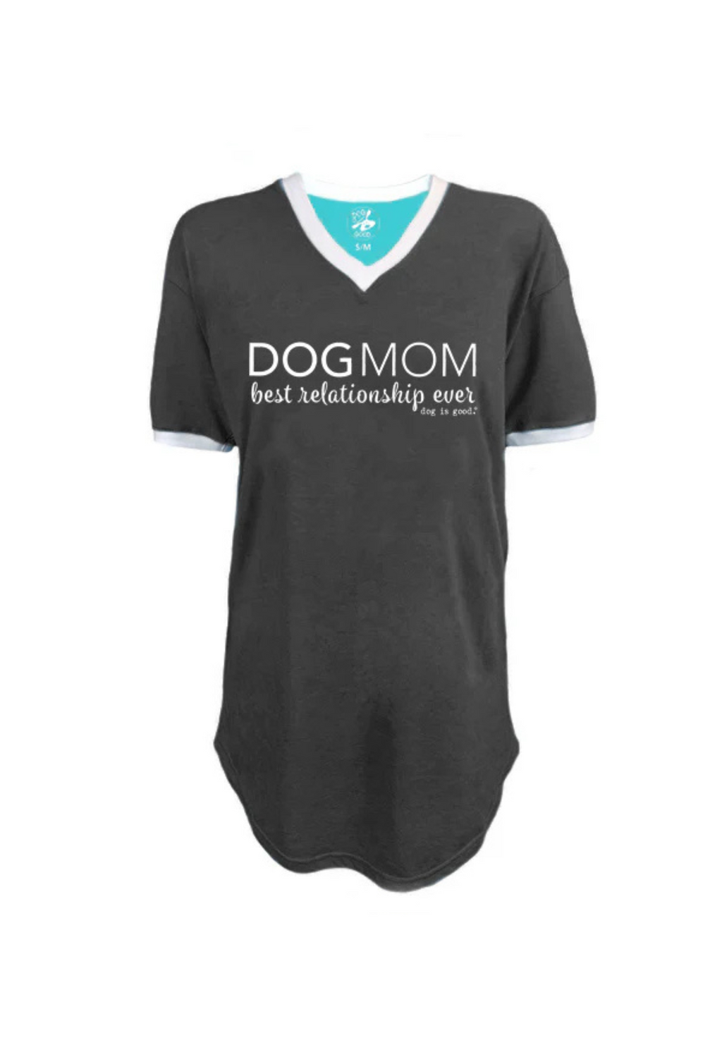 Black t-sleepshirt with 'DOG MOM best relationship ever' text on a white background