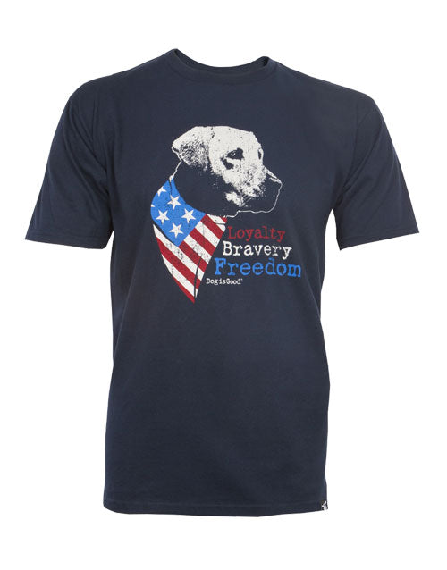 Dog is Good Freedom T-Shirt is Navy with a White Lab. The Lab is Shadowed with Navy. The American Flag he is wearing is Coblat Blue with White Stars, Red and White Stripes. Loyalty is Red, Bravery White and Freedom In Cobalt spelled out.