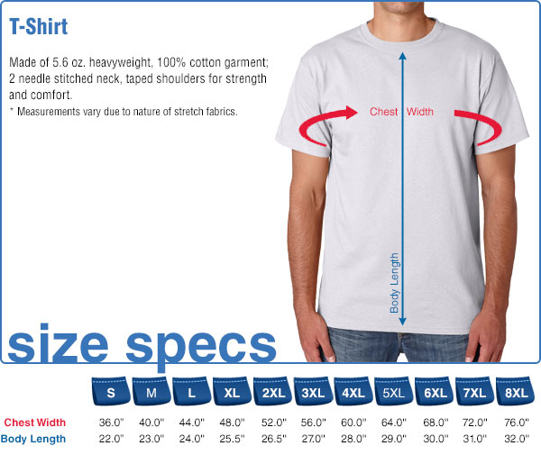 White t-shirt with size chart on a white background