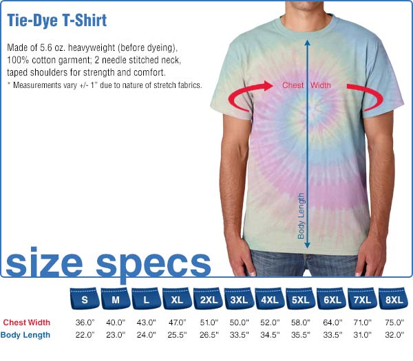 Tie-dye t-shirt with size chart on a white background