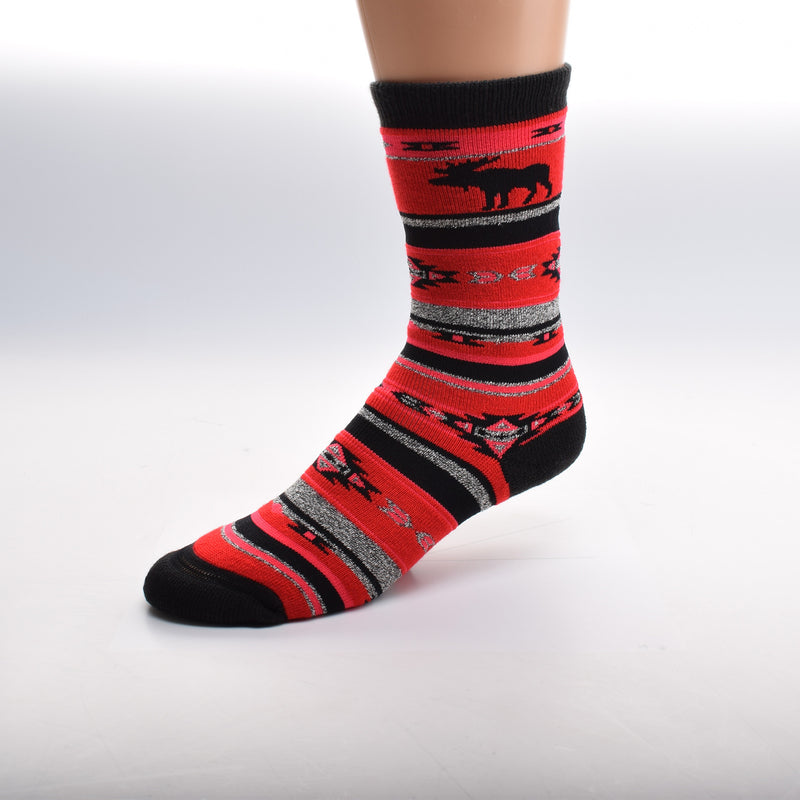 For Bare Feet Moose Southwest Blanket Sock starts with a Rich Red background. The Cuffs, Heels and Toes are Black. The Southwest Blanket Motifs are Bright Red, Black and Heather Grey Markings. Some look like Arrowheads. The Moose is a Silhouette of Black under the Cuff.
