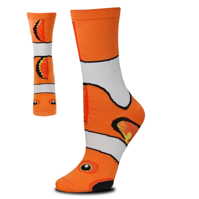 FBF Clown Fish Crew Sock is a Puppet Sock as well as a wearable sock. It is in Tennessee Orange, White, Black and Yellow. You have two views of this Sock front showing more eyes and top fins. Side view shows more fin and White bands of color.