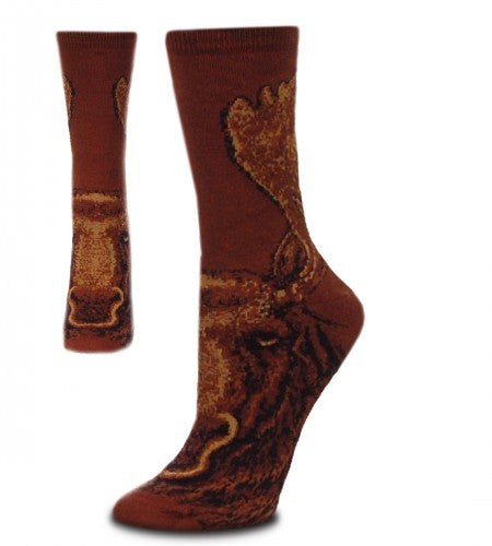 FBF Realistic Moose Sock comes in Large and Medium. On a background of Chocolate Brown The Moose is designed with Light Brown, Caramel, Black and Taupe.