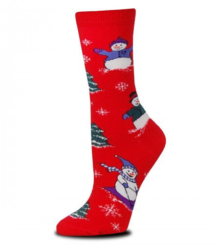 On a Bright Red background you will find FBF Playful Snowmen on this Sock in different Colored Knit outfits having a fun time.