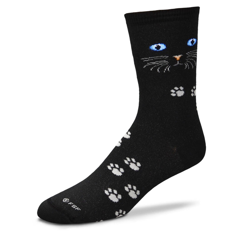 A pair of Blue Eyes stare at you from a Black Cat background sock. The Nose is brown and the Whiskers and Paws are Grey.