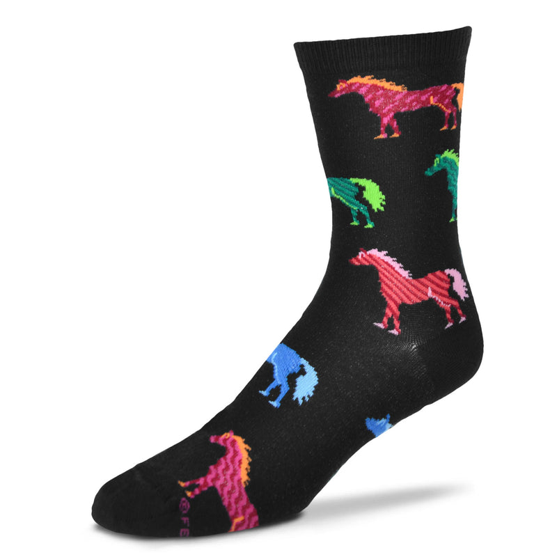 For Bare Feet Retro Horses starts on a Black background. The Horses are in Rows of Bright Colors. Under the Cuff is a Maroon Horse with Orange Mane, Tail and Hooves with Fuchsia lines. Next Dark Green Horses with Mint Mane, Tails and Hooves, The Dark Green Lines are Diagonal Straight or Wavy. Then a Pink Horse and an Orange Horse Then come Blue Ones and Back to Maroon.