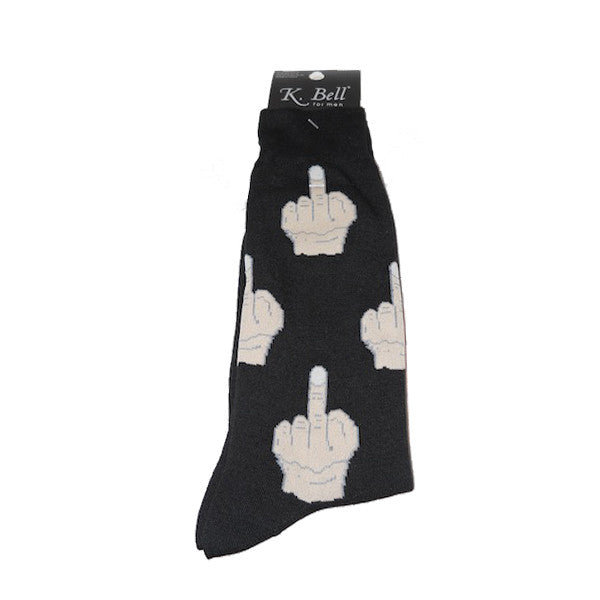 The Finger Sock from K Bell comes in Medium Large and X-Large. It is all in Black background with a Taupe Hand Flipping the Bird!