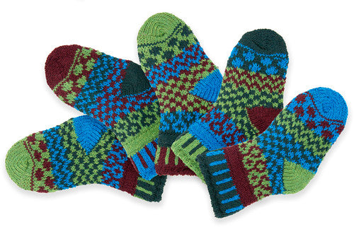 Solmate Socks Baby Series JuneBug Socks comes in 2 Pair and a spare. The Socks are Mismatched  on purpose for fun! Colors are Apple Green, Turquoise, Burgundy and Forest Green.