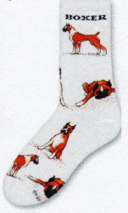 FBF Boxer Poses 2 Sock has Boxer at the Top with a Boxer in a perfect stance. You can't help but love this dog and this Sock. Bright White background with Dark Brown White Ruddy Brown and Black for the Boxer.