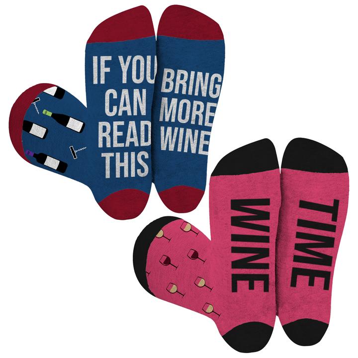 Socktastic Womens 2 Pair Pack Wine Socks have Words on the bottom of their feet! Bring Wine Bottles reads, "If you can read this bring more wine."  Wine Time Sock Bottom is just that it's, "Wine Time."