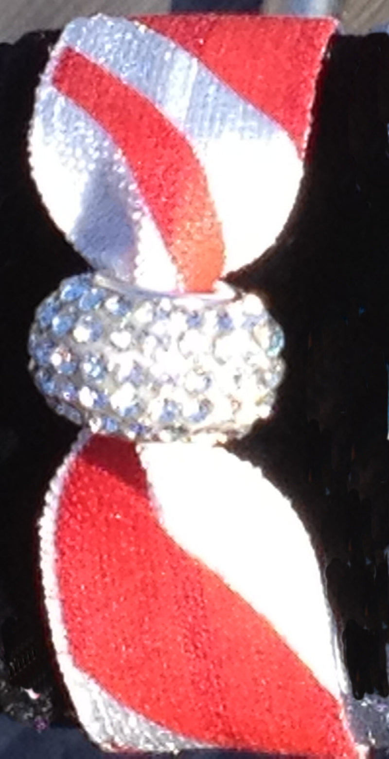 Candy Cane Stripe Hair Tie with White Crystal Bead