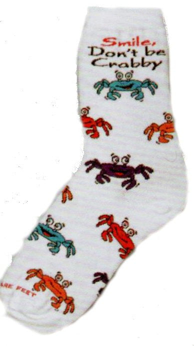 FBF Cartoon Crab says, "Smile Don't Be Crabby" Looking at these Brightly Colored Crabs how could you be anything but Happy. On a Bright White background Teal, Orange, Red and Purple Crabs smile up at you off your feet.