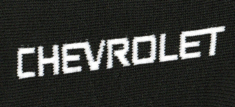 Close up of the knitted word of Chevrolet on the foot.