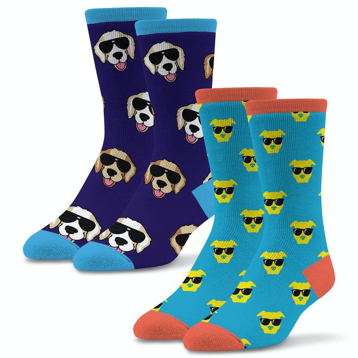 Socktastic Mens 2 Pair Pack Cool Dogs Socks are fun socks showing off cool dogs with Sun Glasses. First Pair are Teal background with Bittersweet Red Cuffs, Toes and Heels. The Dogs are Cool Canary with Black Shades (Sun Glasses). The second pair are on Thkhelet Purple and Teal Cuffs, Heels and Toes, The Cool Dogs wearing Sun Glasses (Shades) are Sand and Cocoa Brown or Sand and White. Still wearing Black Sun Glasses.
