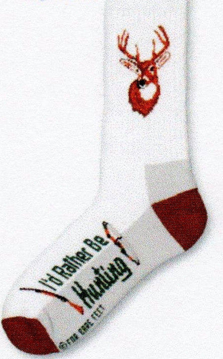FBF Deer Hunting Sock has a Buck at the Top of the Sock. At the Bottom are the words saying, "I'd Rather Be Hunting". The Heels and Toes are Dark Brown the lower foot and instep is light camouflage.