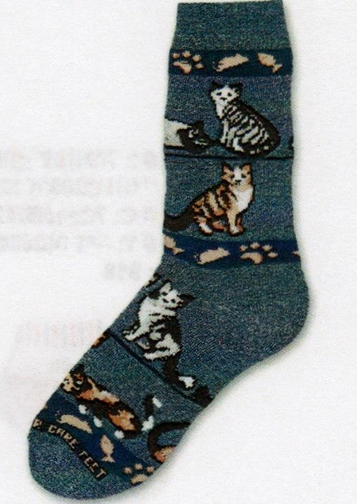 For Bare Feet Denim Cats Sock is a Thick style with Silver and Orange Tabby Cats and Calico Cats along with Fish and Paws for fun graphics