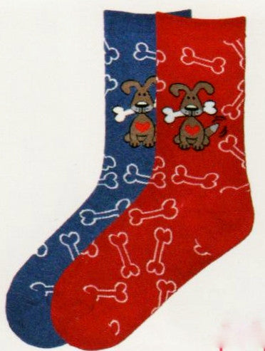 In Denim Blue and Red these Dogs with Bone Socks from K Bell have a Cute Brown Dog with a White Bone in its mouth and Red head Tag from the collar. All over the Socks from Cuff to Toes are White Outlines of Bones.