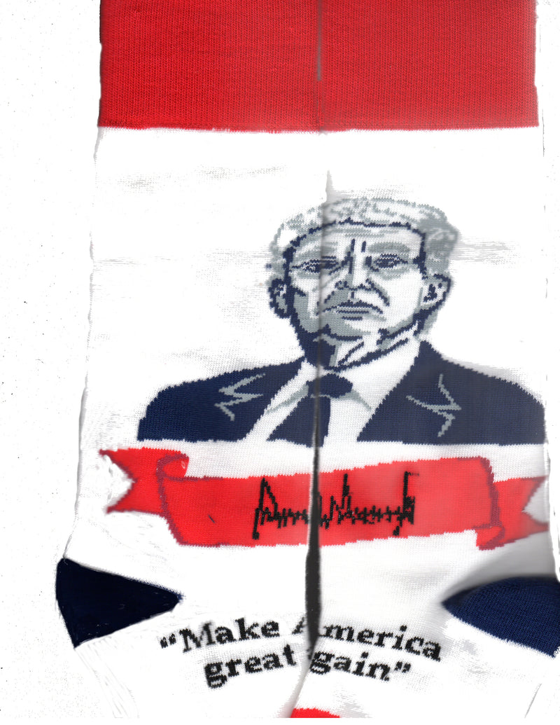FBF Patriotic Selfie Donald Trump Sock is put together to show his portrait, signature and "Make America Great Again" 