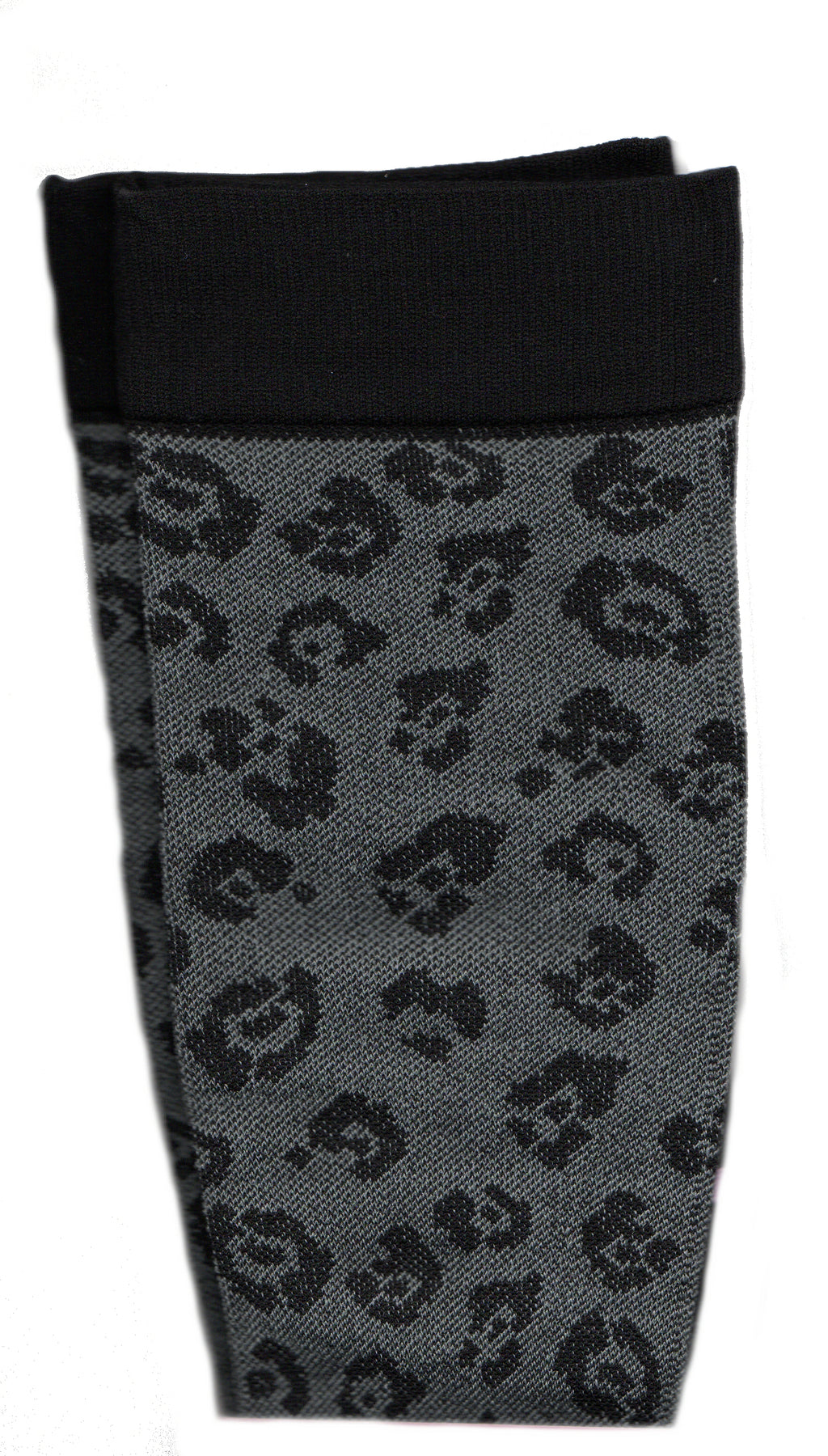 This is a Leopard Sock with a Grey background and has a Black Leopard Print over it. The Cuffs, Heels and Toes are Black.