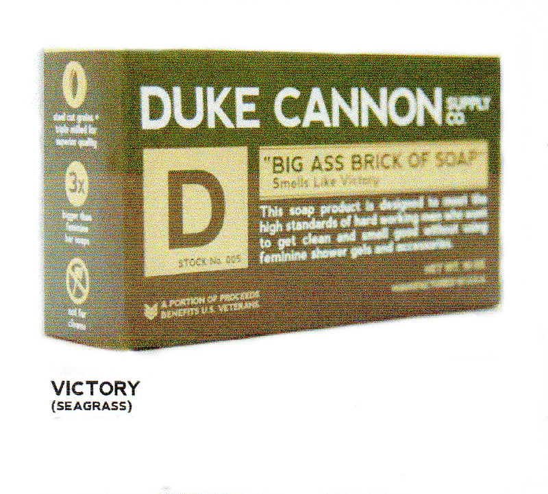 Duke Cannon Big Ass Brick of Soap Smells Like Victory, this Soap is made to fit a Mans Hand, 3X the size of regular soap and smells like seagrass.