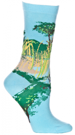 Ozone Endangered Cats Lion Socks side view shows the sky is Blue and the Water is reflecting colors of the Blue Sky and the Yellows and Greens of Reeds and Green and Brown Trees in the background.