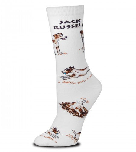 On a Bright White background FBF shows off the Jack Russell Dog Poses 2 Sock. At the top it says in Bold Black print, Jack Russell.  Then it has him running and digging, sitting and standing. He is White and Dark Brown with Black.