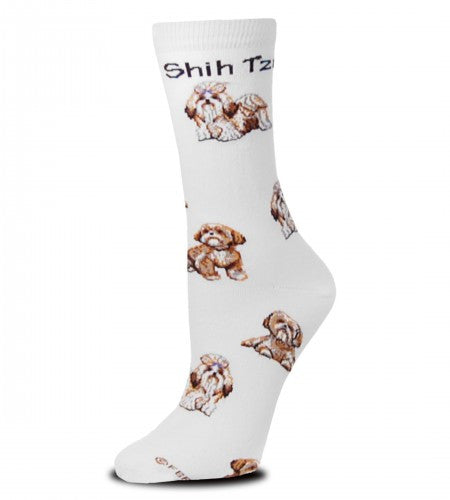 FBF Shih Tzu Poses 2 Socks have different colored Shih Tzu dogs posed from the Cuff to the Toe on a Bright White background.