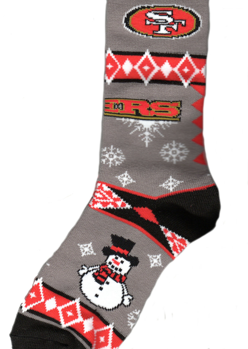 For Bare Feet San Francisco 49ers Holiday Blanket Motif Sock starts on a Dark Grey background.  The Cuffs, Heels and Toes are Black.  The Sock has a great Big 49ers in Red, Black and Gold.   Snow Flakes and Diamonds Patterns are next. Then between the Heel and Toes are Frosty.  In His  normal attire.