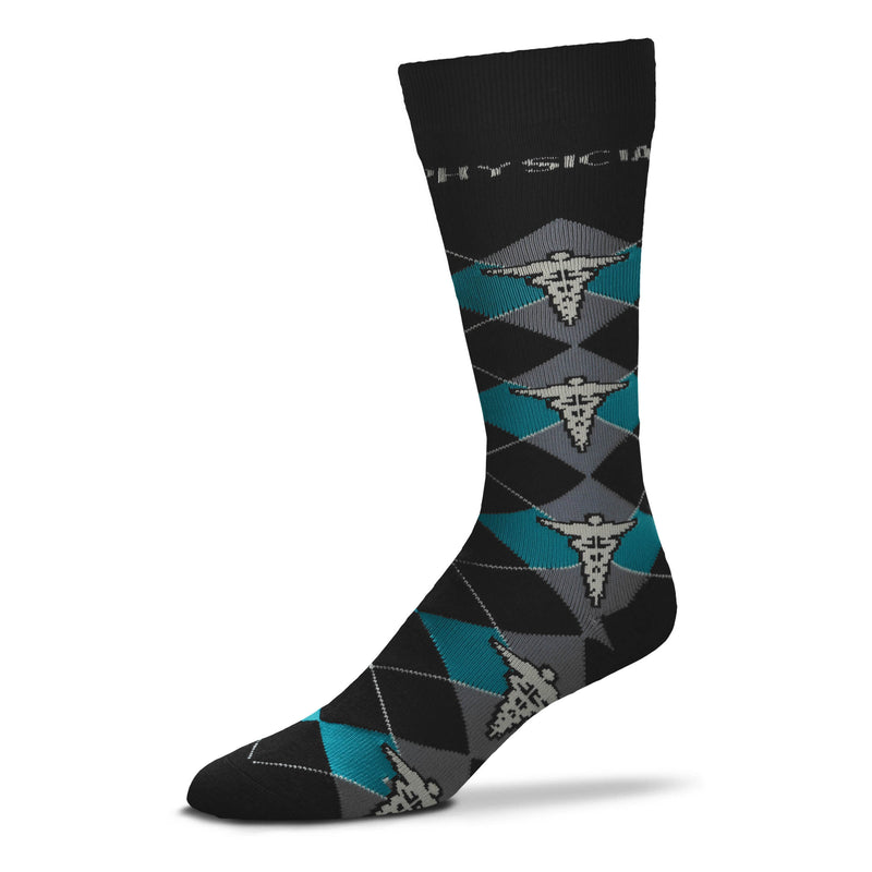 For Bare Feet designed the Physician Argyle Sock in colors of Black, Myrtle Green, Ebony and the Caduceus is Silver along with the Lines in the Argyle Pattern. Under the Cuff is the Word, PHYSICIAN, also in Silver
